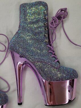 Pleasures Adore Sparkle Iridescent Purple 1020CHRS Lace Up Boots 7" Heels Size 7